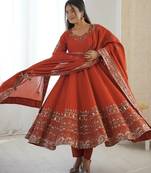 Orange Roman Silk Embroidered Sequence Anarkali Set with Dupatta