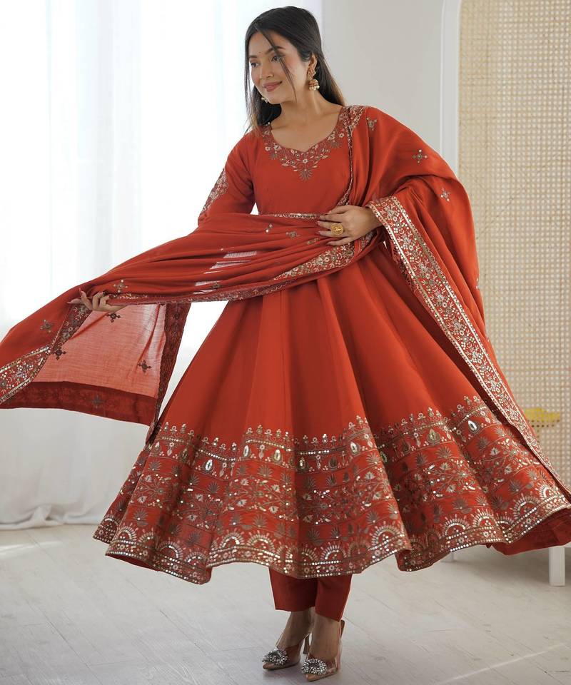 Orange Roman Silk Embroidered Sequence Anarkali Set with Dupatta