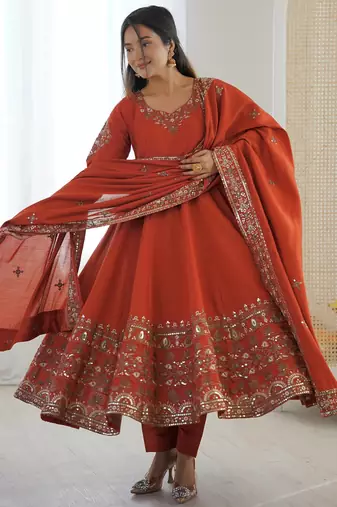 Orange Roman Silk Embroidered Sequence Anarkali Set with Dupatta