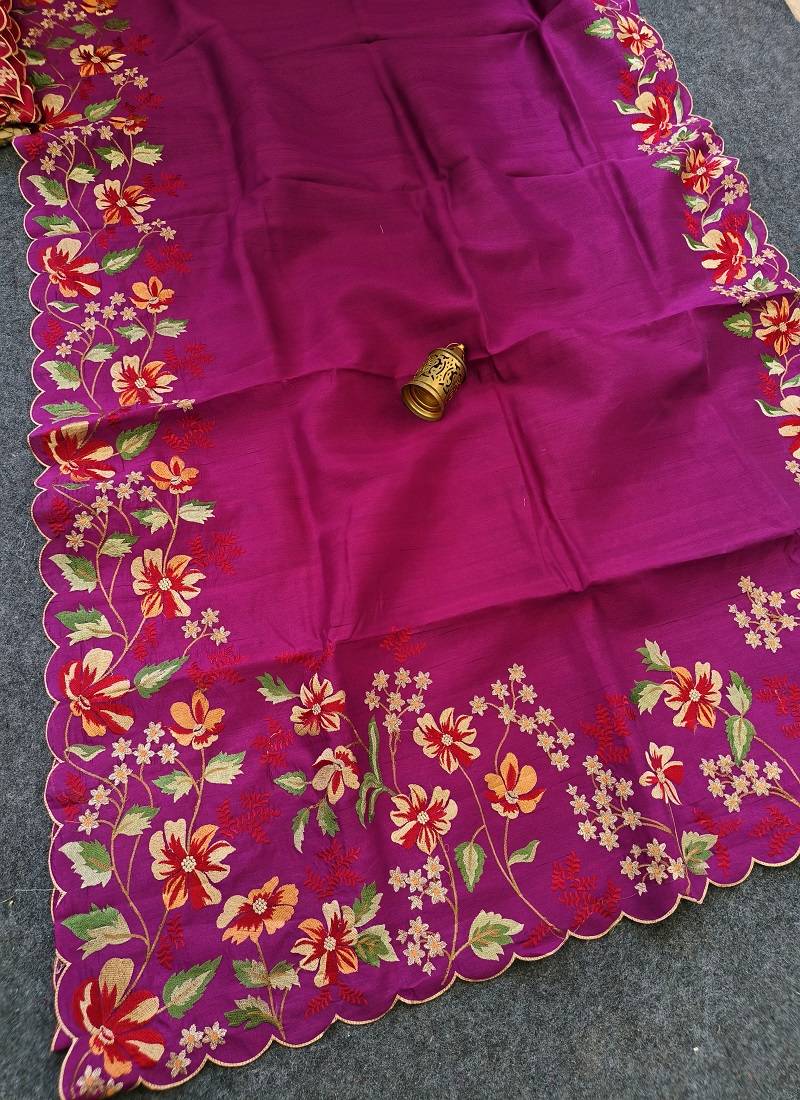 Magenta Color  floral embroidery Work Silk Saree