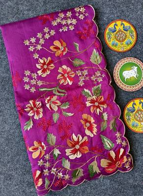 Magenta Color  floral embroidery Work art silk saree 5