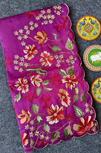 Magenta Color  floral embroidery Work art silk saree