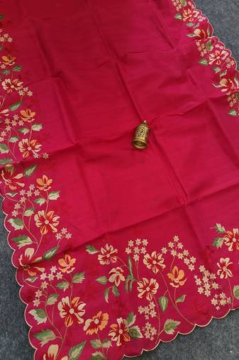 Red Color  floral embroidery Work Silk Saree