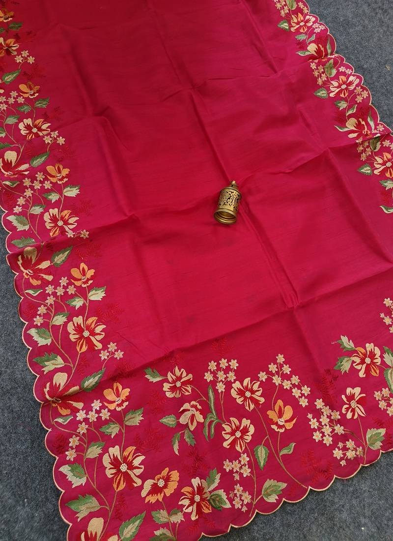 Red Color  floral embroidery Work Silk Saree