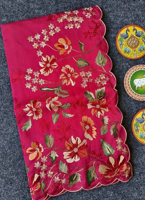 Red Color  floral embroidery Work art silk saree 4