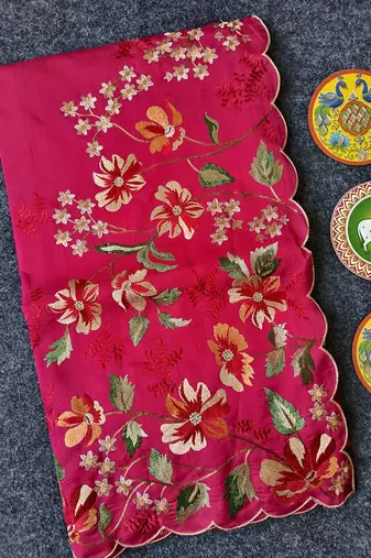 Red Color  floral embroidery Work art silk saree
