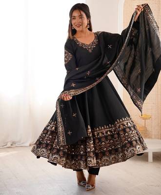 Black Roman Silk Embroidered Sequence Anarkali Set with Dupatta 1