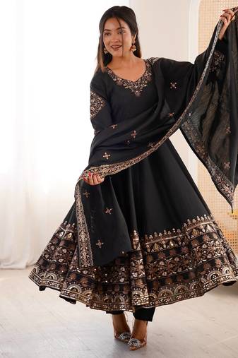 Black Roman Silk Embroidered Sequence Anarkali Set with Dupatta