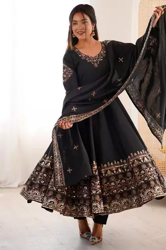 Black Roman Silk Embroidered Sequence Anarkali Set with Dupatta
