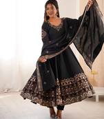 Black Roman Silk Embroidered Sequence Anarkali Set with Dupatta