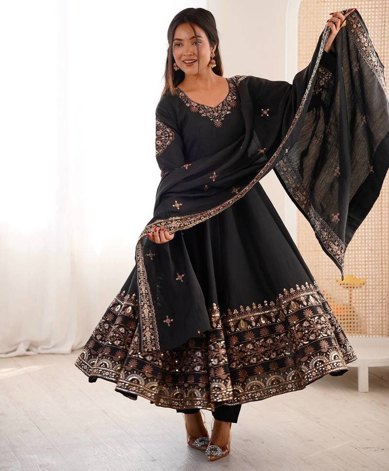Black Roman Silk Embroidered Sequence Anarkali Set with Dupatta