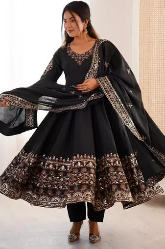 Black Roman Silk Embroidered Sequence Anarkali Set with Dupatta