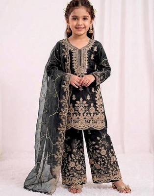 black embroidered silk blend girls palazzo suit 1