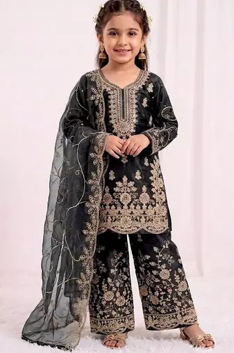 Girls heavy embroidery ethnic kurta and palazzo set with net dupatta