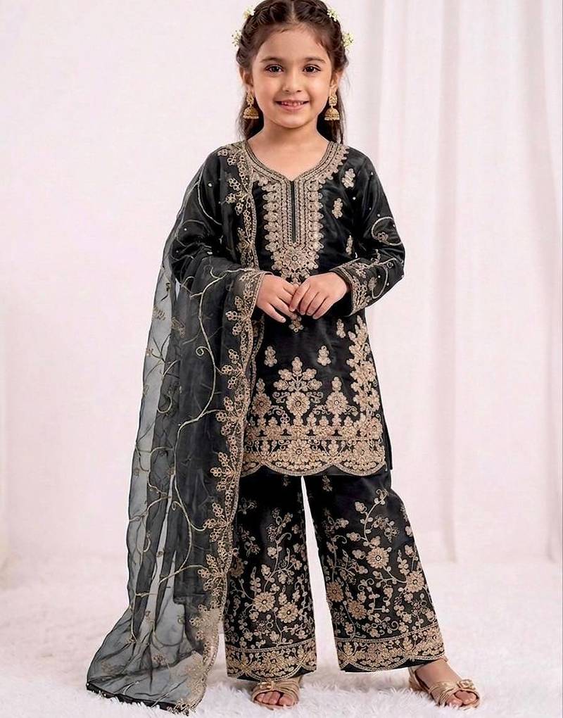 Girls heavy embroidery ethnic kurta and palazzo set with net dupatta