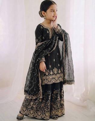 black embroidered silk blend girls palazzo suit 2