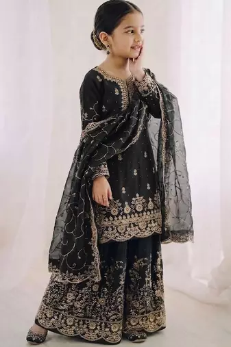 black embroidered silk blend girls palazzo suit
