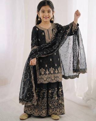 black embroidered silk blend girls palazzo suit 3