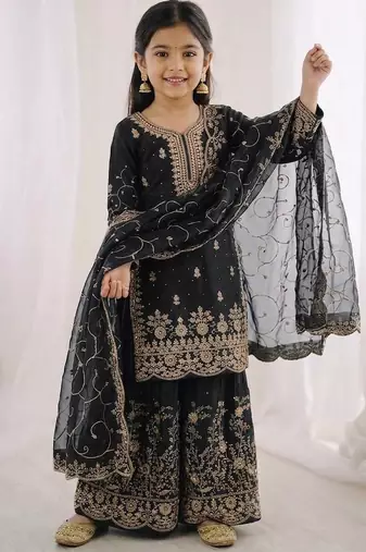 black embroidered silk blend girls palazzo suit