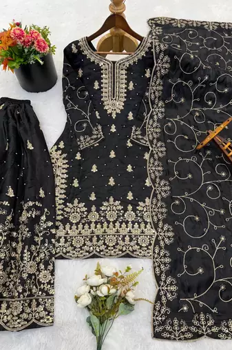 black embroidered silk blend girls palazzo suit