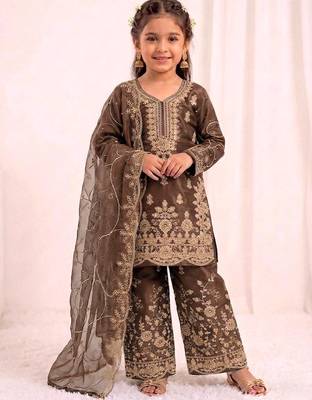 mocha embroidered silk blend girls palazzo suit 1
