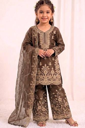 Girls heavy embroidery ethnic kurta and palazzo set with net dupatta
