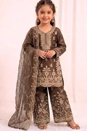 Girls heavy embroidery ethnic kurta and palazzo set with net dupatta