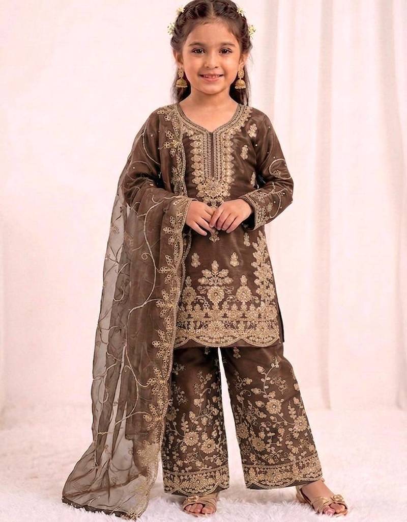 Girls heavy embroidery ethnic kurta and palazzo set with net dupatta