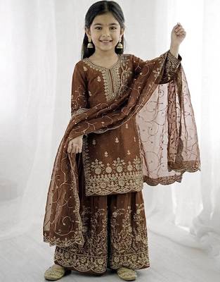 mocha embroidered silk blend girls palazzo suit 2