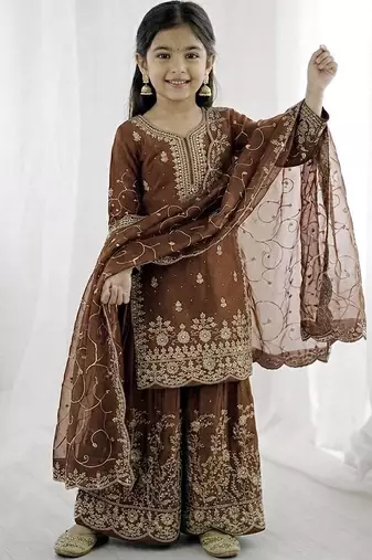 mocha embroidered silk blend girls palazzo suit