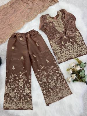 mocha embroidered silk blend girls palazzo suit 3