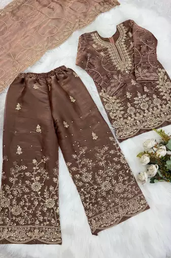 mocha embroidered silk blend girls palazzo suit
