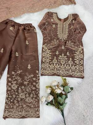 mocha embroidered silk blend girls palazzo suit 4
