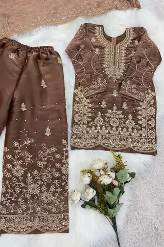 mocha embroidered silk blend girls palazzo suit