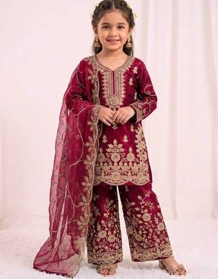 wine embroidered silk blend girls palazzo set 1