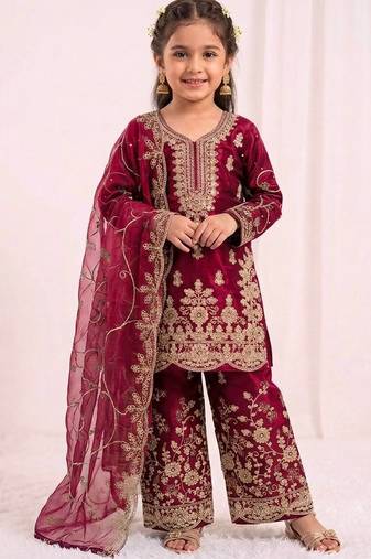 Girls heavy embroidery ethnic kurta and palazzo set with net dupatta