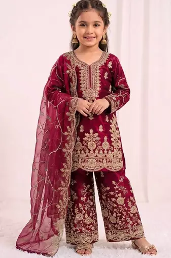Girls heavy embroidery ethnic kurta and palazzo set with net dupatta