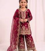 Girls heavy embroidery ethnic kurta and palazzo set with net dupatta