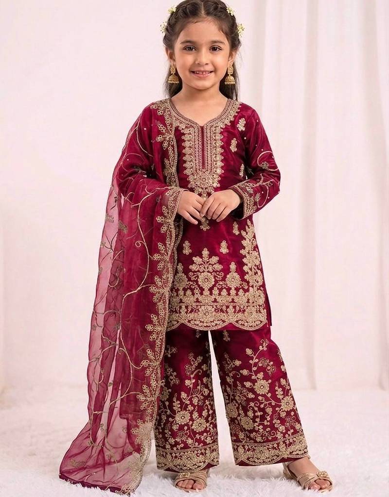 Girls heavy embroidery ethnic kurta and palazzo set with net dupatta