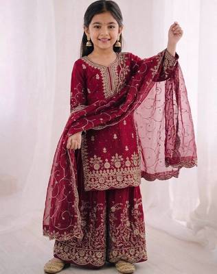 wine embroidered silk blend girls palazzo set 2