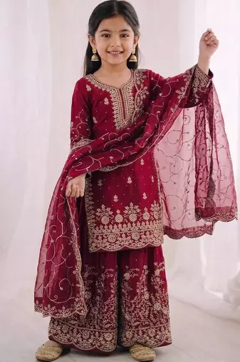 wine embroidered silk blend girls palazzo set