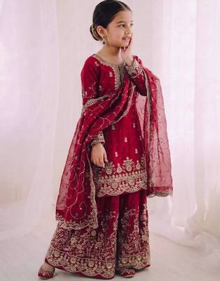 wine embroidered silk blend girls palazzo set 3