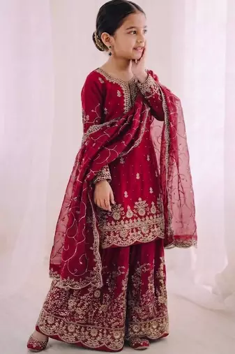 wine embroidered silk blend girls palazzo set