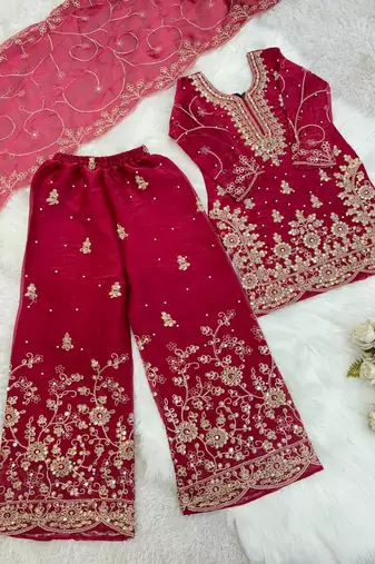 wine embroidered silk blend girls palazzo set