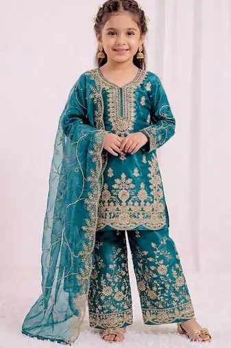 Girls heavy embroidery ethnic kurta and palazzo set with net dupatta
