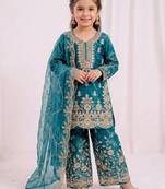 Girls heavy embroidery ethnic kurta and palazzo set with net dupatta