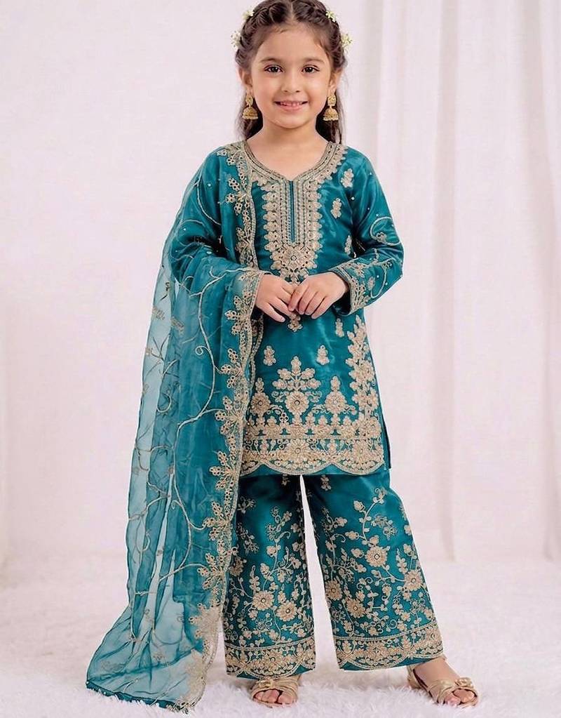 Girls heavy embroidery ethnic kurta and palazzo set with net dupatta