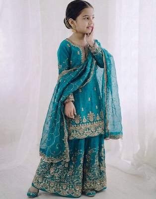 teal embroidered silk blend girls palazzo suit 2