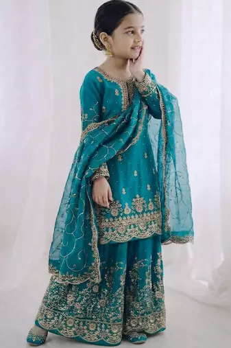 teal embroidered silk blend girls palazzo suit