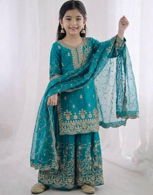 teal embroidered silk blend girls palazzo suit 3